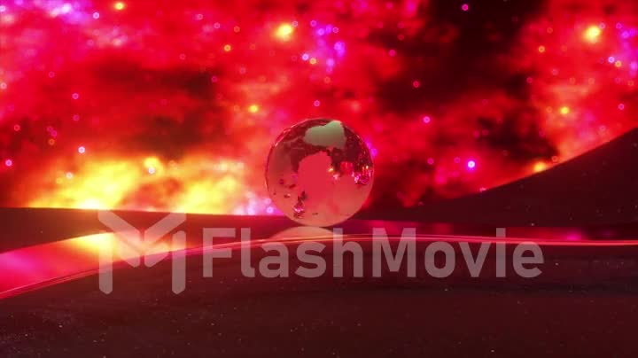 The glass ball of planet Earth smoothly rolls along the wavy chrome surface on a fantastic space. 3d Seamless loop animation