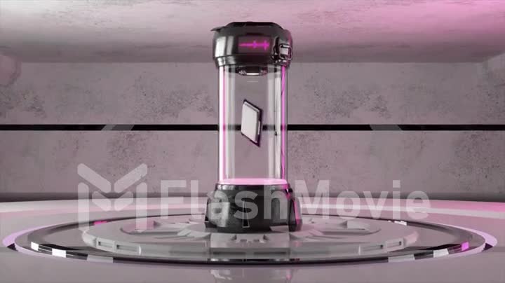 The concept of nanotechnology and AI. A microchip hovers inside a sealed glass flask. Black, pink neon light. Close-up