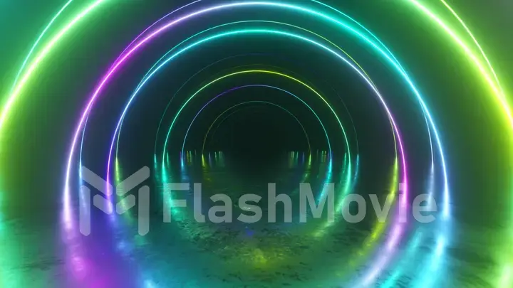 Infinity flight inside tunnel, neon light abstract background, round arcade, portal, rings, circles, virtual reality, ultraviolet spectrum, laser show, metal floor reflection. 3d illustration