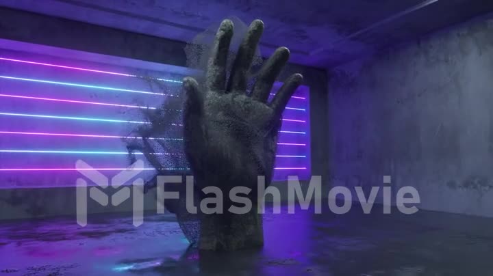 A stone human hand emitting millions of particle streams in a future sci-fi room with modern neon lighting. Abstract 3d animation