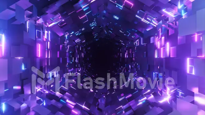 Flying inside a neon hexagonal tunnel. Background futuristic. Chaotic distribution of polygons. 3d illustration
