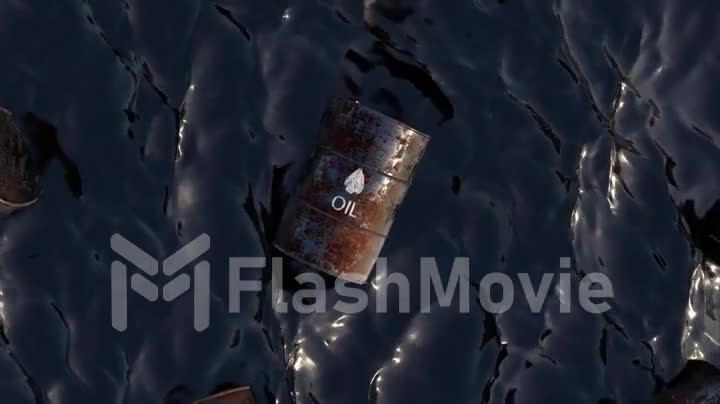 Top view of iron barrels floating in the oil sea. Toxic materials. Environmental pollution. 3d animation