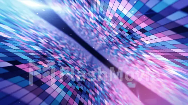 Flying in an abstract space with glowing flashing squares, blue red pink violet spectrum, fluorescent ultraviolet light, modern colorful lighting, 3d illustration