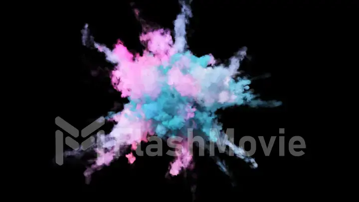 Explosion of colorful multicolored smoke and powder in slow motion against black background 3d illustration