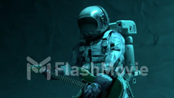 Space concept. Astronaut musician playing the guitar. Flashing neon green blue light. 3d illustration