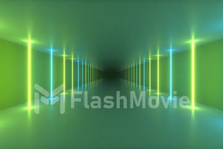 Abstract seamless looped 3d illustration of a flight in a futuristic corridor, luminous light tubes, lasers and lines. Modern colorful light spectrum