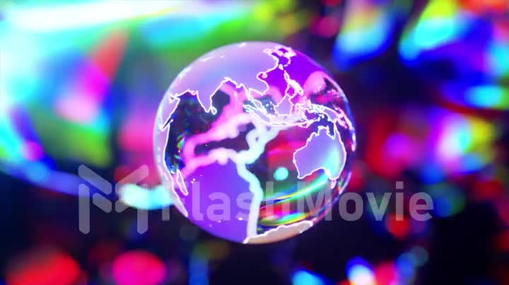 A crystal ball shaped planet Earth rotates on an abstract blue-red neon background. 3d animation of seamless loop
