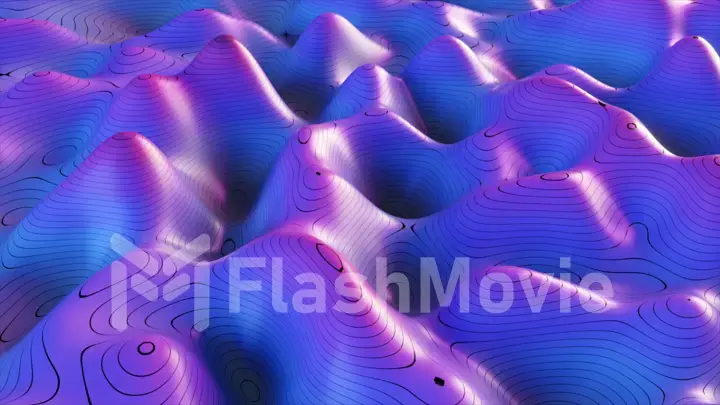 Abstract background of topographic map concept. Contour map stripes. Valleys and mountains. Geography concept. Wavy backdrop. Magic neon light curved swirl line. 3D illustration