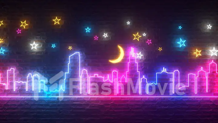 Shimmering neon night city against a brick wall with stars and the moon. Night city concept. 3d illustration