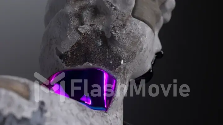 Art concept. Head of a gray marble sculpture close-up. Shiny purple metal parts of the sculpture. 3d illustration