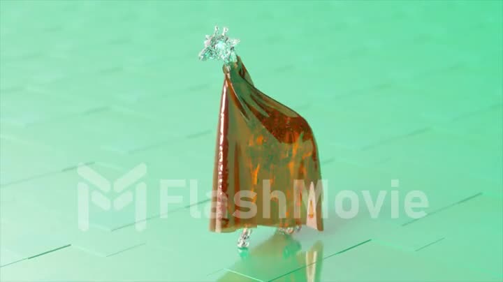 A diamond giraffe in a gleaming gold robe walks across glossy turquoise tiles. Glamor. Luxury. Amber. 3d animation