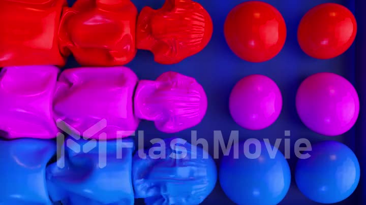 Abstract concept. Paint balloons deflate and inflate. Big bubbles. Red, purple, blue color. Distend. 3d animation