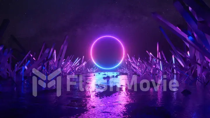 Asbractic flight, neon light ring shape, mysterious space landscape, forward flight through the corridor of crystals, virtual reality, outer space, star panorama. 3d illustration