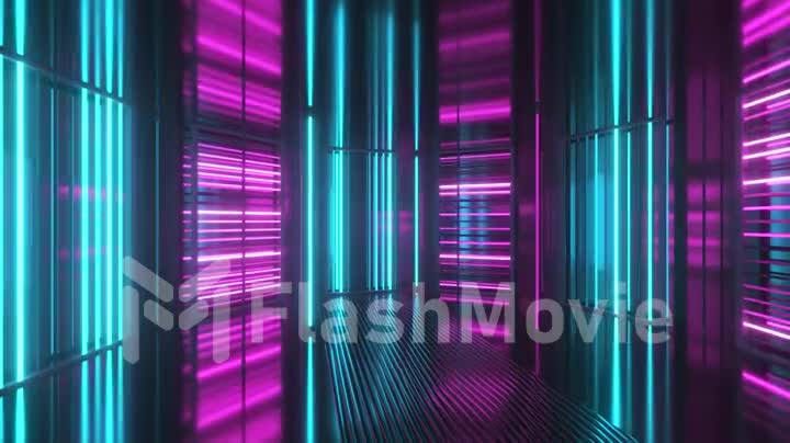 Bright neon lights in a metal room. Modern fluorescent light. Blue violet neon spectrum. 3d animation