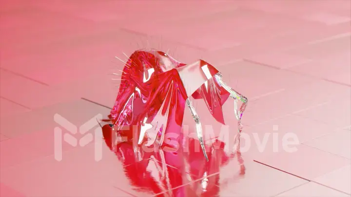 The concept of impersonation. A diamond spider in a shiny robe walks across the glossy tiles. Red pink color.