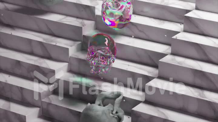 Abstract concept. Small diamonds fall like snow. Diamond and bone skulls roll down the marble stairs. 3d animation