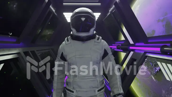 Technology and future concept. Astronaut walking in spaceship tunnel. Sci-fi shuttle corridor. Purple light. Moon