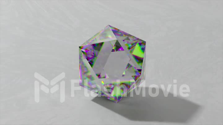 Sparkling light rhombus cut diamond with shadow and glowing highlights on white background. 3d animation