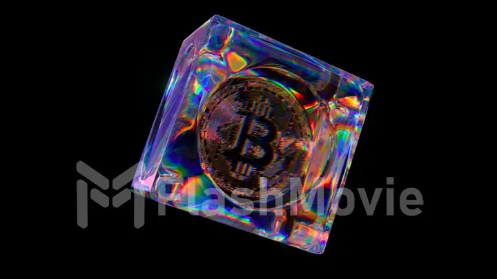 Cryptocurrency concept. Bitcoin inside a transparent glass cube. Black isolated background. Rainbow.