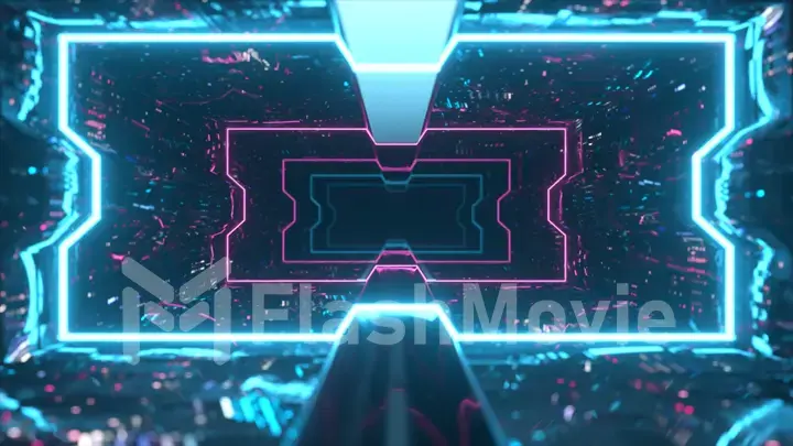 Futuristic animation of flying through a blue tunnel with neon lights. 3d illustration