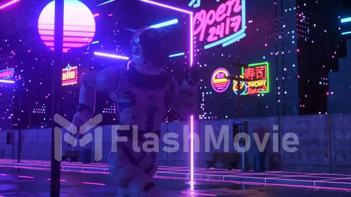 An astronaut runs down the street in a neon city. 80s background. Retro style. Futuristic concept. 3D illustration