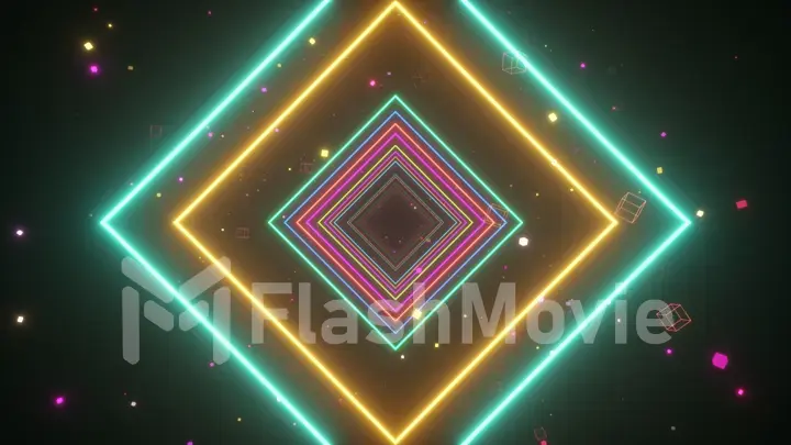 An endless tunnel of luminous multicolored neon squares for music videos, night clubs, LED screens, projection show, video mapping, audiovisual performance, fashion events. 3d illustration