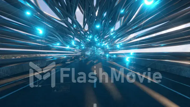 Flying in a futuristic fiber optic tunnel with a road. Future technologies concept. Business background. Pleasant natural lighting. Technological connections. 3d illustration