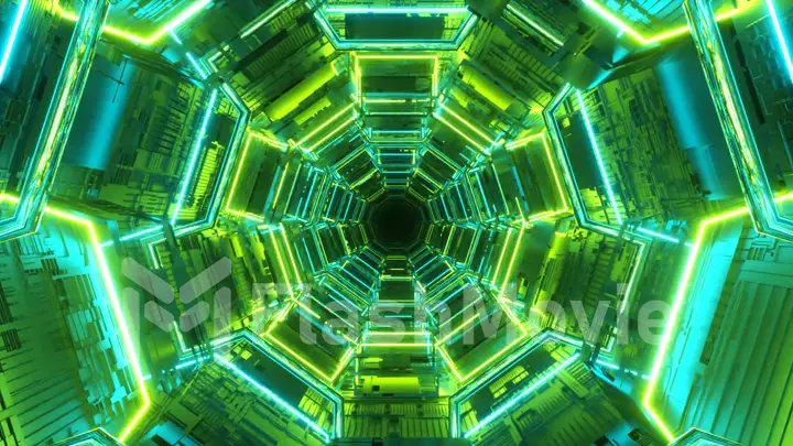 Endless corridor of the future. Spaceship. Neon lighting. Flying in the tunnel. 3d illustration
