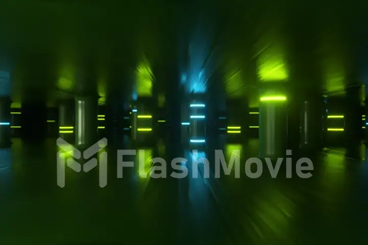 Fly through a futuristic corridor along neon glass pillars and columns. Modern ultraviolet neon glow. 3d illustration