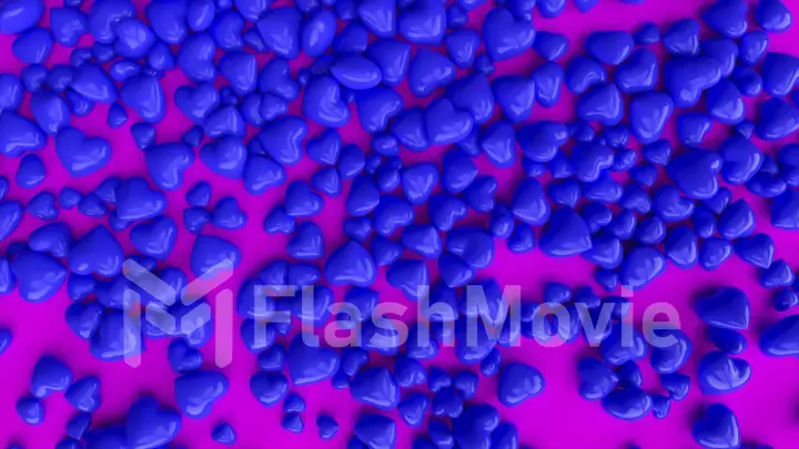 Many blue hearts falling into the pile of hearts on pink background. 3d illustration