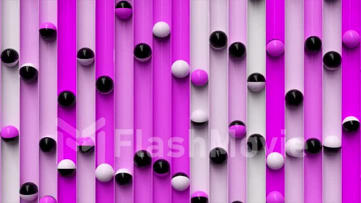 Bright colorful background with rolling balls along the paths. Minimalism and fashion concept. 3d animation of a seamless loop