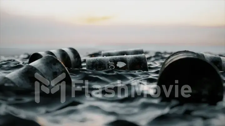 Empty oil barrels float in a sea of oil. Oil concept. Black gold. Oil pollution of nature by man. 3d illustration