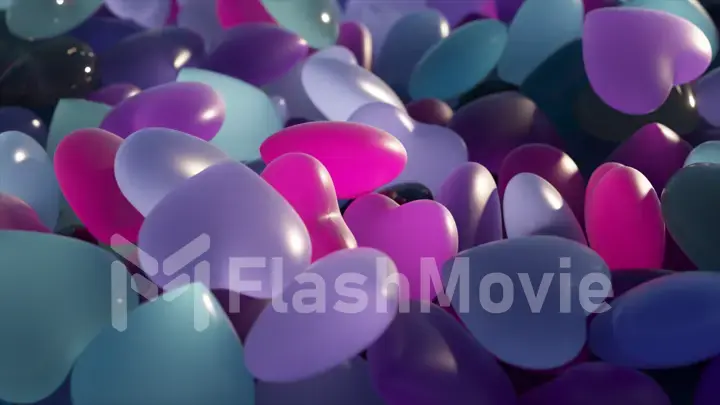 Love concept. A neon heart jumps over a pile of transparent purple heart-shaped figurines. 3d illustration