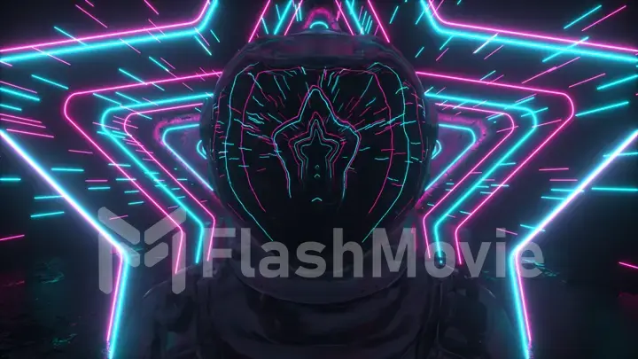 An endless neon tunnel of stars moves along the astronaut. Bright space concept. Reflections in the helmet. 3d illustration
