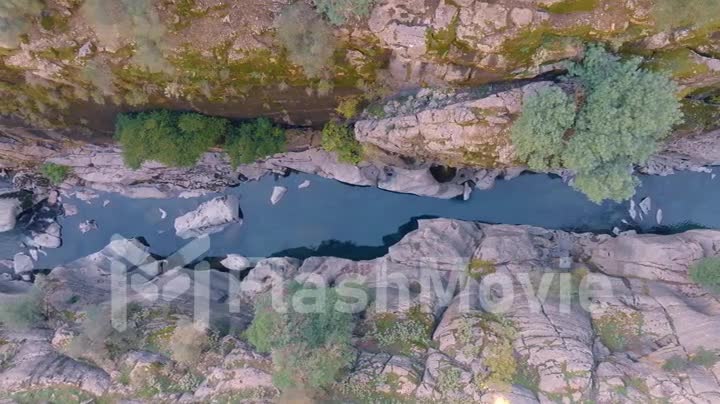 Drone footage of a mountain river in a canyon. High gray rocks. Narrow space. Green trees and grass grow along the rocks