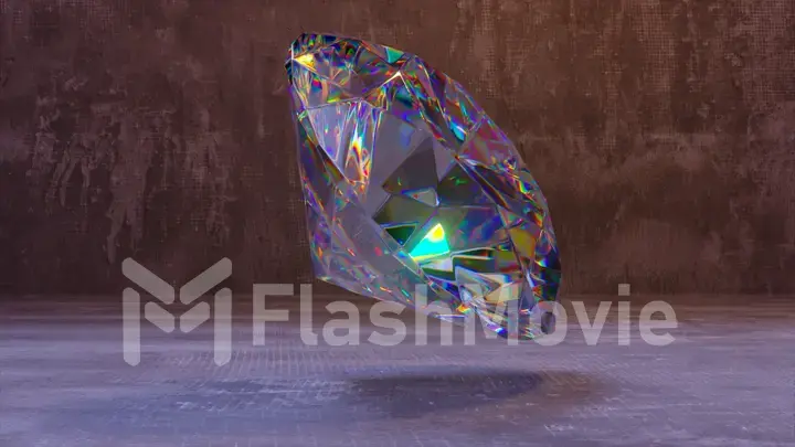 Wealth and jewels concept. A large diamond floats above a gray surface. Rainbow light. 3d illustration