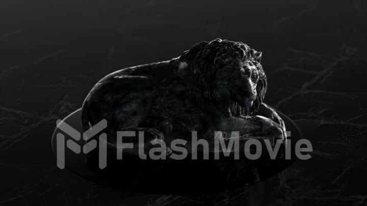 The sculpture of a lion flips over on the platform. Black and white. 3d animation of seamless loop
