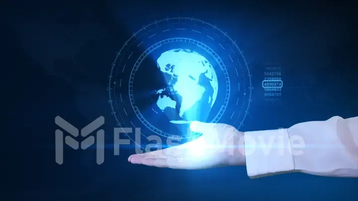 A businessman is holding a hologram of planet earth in his hand. Futuristic interface