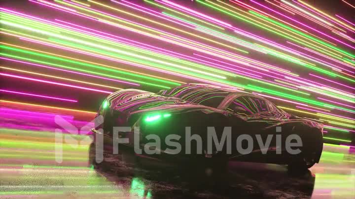 Futuristic concept. Sports car on the background of glowing neon lines. Pink green color. 3d animation of seamless loop