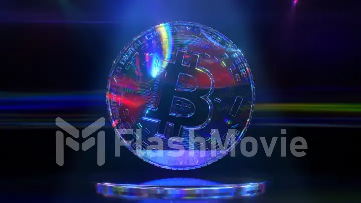 Diamond bitcoin on a dark background with neon lighting. Cryptocurrency. Lowpoly. 3d Illustration