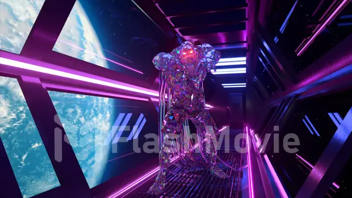 Diamond zombie walks through a space neon tunnel against the backdrop of the planet Earth. The zombie hits the astronaut