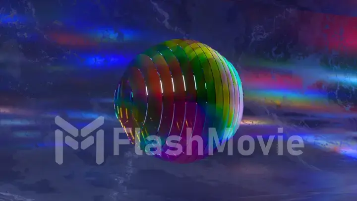 Abstract concept. A sphere of metallic disks changes color in wave-like movements. Blue neon. Rainbow. Separation.