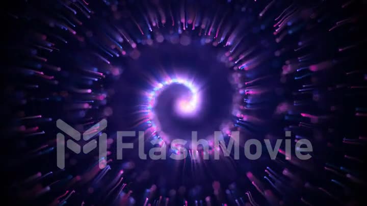 Gold glittering star dust twisted spiral of trail sparkling particles on black background. Space comet tail. Magic blue purple flying particles. Seamless loop animation