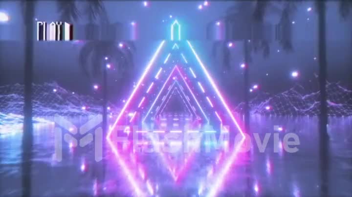 Flying in a retro futuristic space with glowing neon triangle