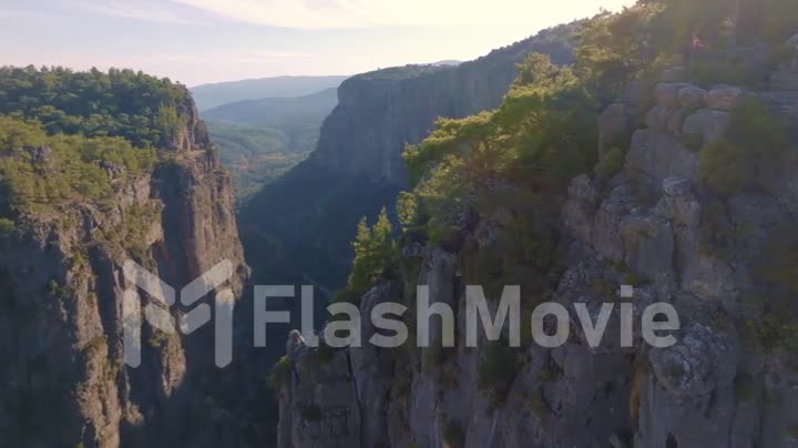 Trees grow on high gray rocks. A flag is flying on the rock. Mountain landscape. Extreme. Aerial footage from a drone