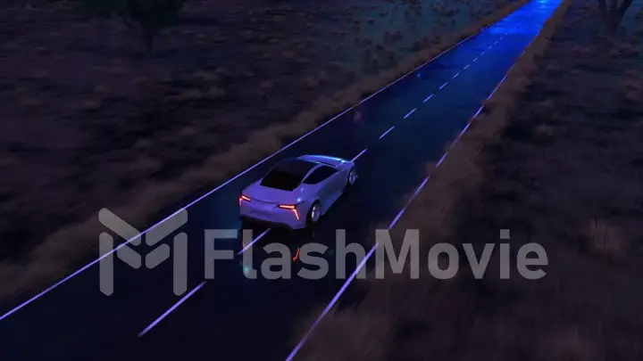 The car rushes at fast speed along the asphalt road along the desert into a fabulous sunset with a magical blue tint. 3d illustration