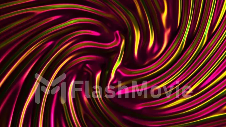 Liquid metallic pink gold surface swirls in the center. Creases and ripples on a glossy surface. Abstract background.