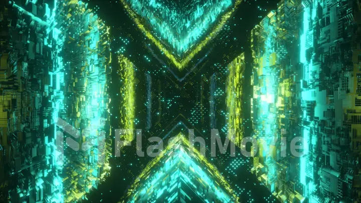 Flying in technological cyber space. Sci-fi spaceship tunnel. Futuristic technology abstract seamless VJ for tech titles and background. Motion graphic for internet, speed. 3D illustration