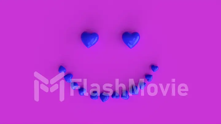 Falling blue hearts forming a smiling emoticon on a pink background. 3d illustration