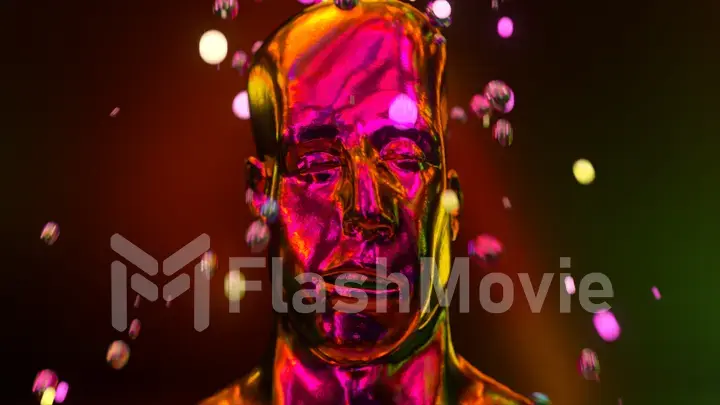 Funny 3d illustration of a wrinkling soft metal face. The human chrome face is crumpled. Rest and relaxation concept. A shower from spheres pours on my head.